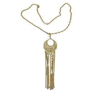 Goldtone Filigree Pendant Necklace Tassel Statement Vintage 25 inch Boho